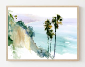 Malibu Cliffside Palms Watercolor Print: California Coast Landscape Wall Art