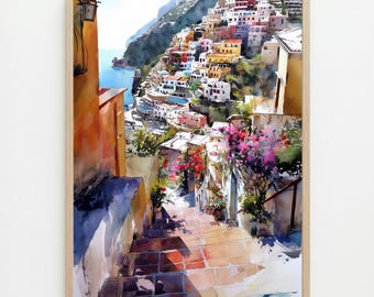Amalfi Coast Watercolor Print: Italian Seaside Wall Art