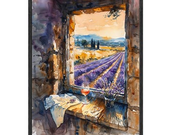 Provence Lavender Fields Watercolor | French Countryside Window View Art | Rustic Kitchen Print | Wine Lover Keepsake