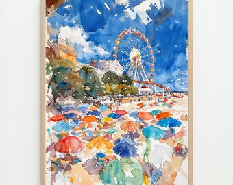 May include: Watercolor painting of a beach scene with a Ferris wheel and colorful umbrellas. The artwork features a bright blue sky, a sandy beach, and a wooden frame. The painting captures a sunny day at the amusement park.