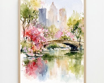 Central Park Spring Watercolor Painting: NYC Bow Bridge Wall Art