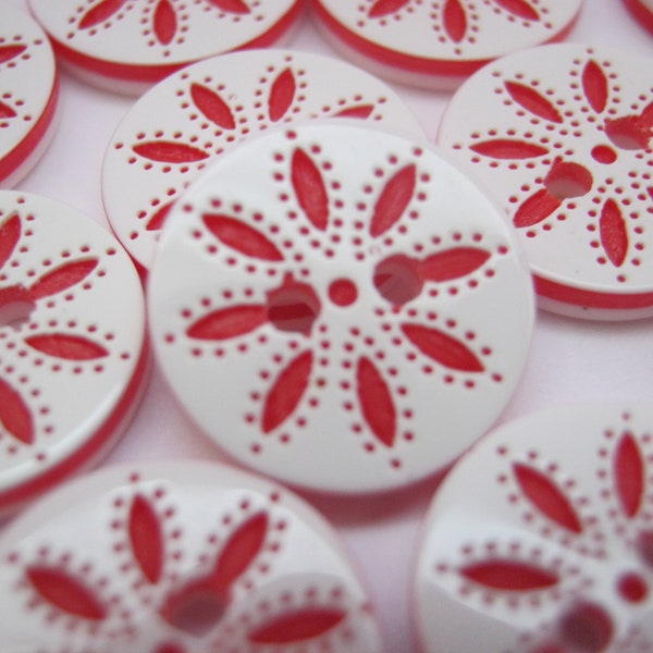 10 Snowflakes Buttons 13mm Red and White Petal Flower Buttons Childrens Clothing Kids Christmas Holiday Sewing Button