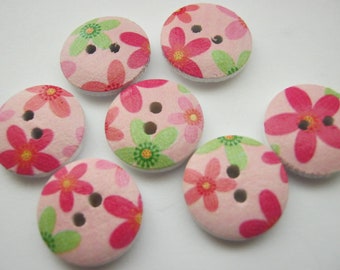 10 Pink Spring Flowers Sewing Buttons 15mm Wooden Floral Buttons for Girls Clothing Knitting Crochet and Crafts