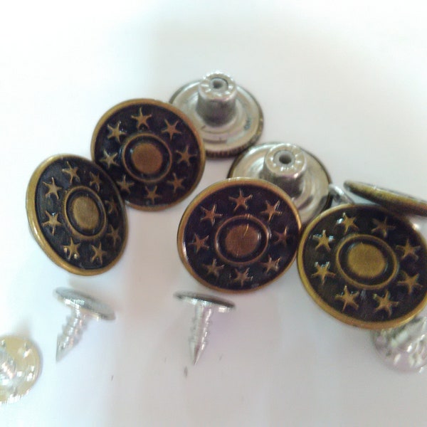 6 Metal Jeans Buttons 17mm 5/8in  Bronze Stars Design Denim Hammer On Jeans Tacks Buttons