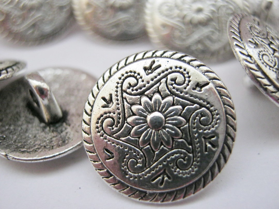 10 Silver Flower Metal Shank Buttons 15mm Silver Coat Jacket Buttons