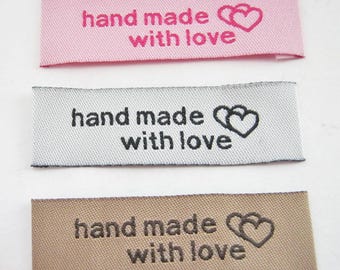 24 Fabric Labels Handmade with Love  50mm  Pink White Beige Mixed Sew On Clothes Labels Tags Sewing Tags Dressmaking Accessories