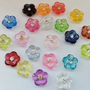 10 Flower Buttons with Rhinestones 15mm Acrylic Choose Colour or Mixed Colours Shank Button Flower Shaped Transparent Sewing Buttons
