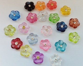 10 Flower Buttons with Rhinestones 15mm Acrylic Choose Colour or Mixed Colours Shank Button Flower Shaped Transparent Sewing Buttons