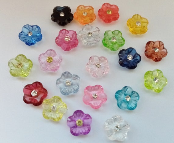 10 Flower Buttons With Rhinestones 15mm Acrylic Choose Colour or Mixed  Colours Shank Button Flower Shaped Transparent Sewing Buttons 