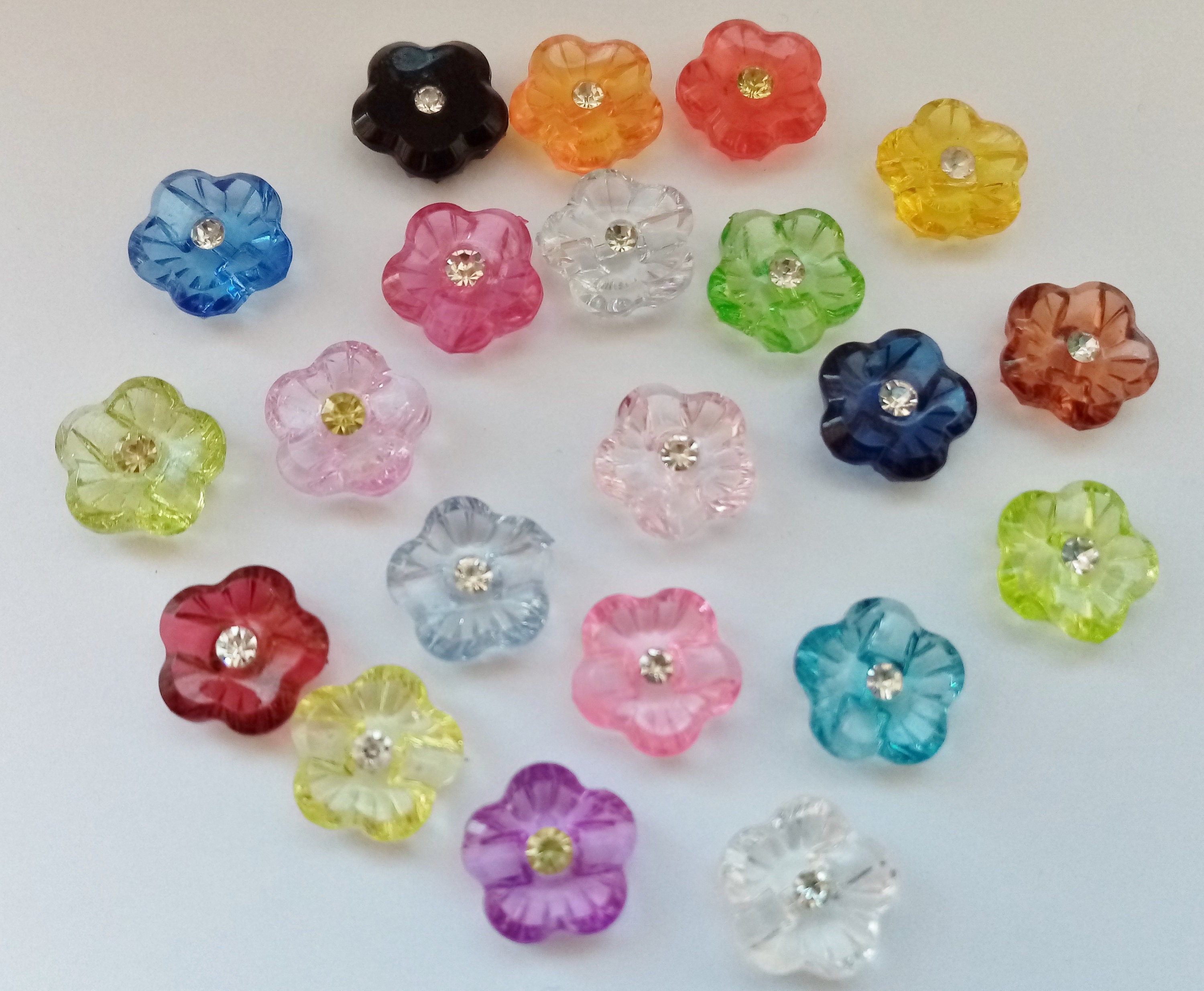 10 Flower Buttons With Rhinestones 15mm Acrylic Choose Colour or Mixed ...