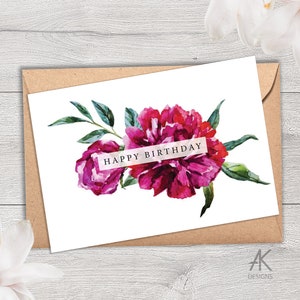 Happy Birthday Card with Peony, Card with Colourful Flowers, Modern design, Folded, Blank Inside