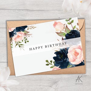 Elegante Flowery Happy Birthday Karte, Wunderschöne Happy Birthday Karte mit Blumen, zeitgenössisches Design, Karte gefaltet, innen blanko