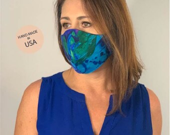 Face Mask Designer Reusable handmade Face Cover Protection with Replaceable PM 2.5 Carbon Filter Pocket  (1 Filter included) Made in USA.