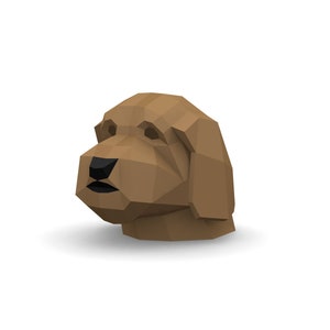 May include: A low-poly 3D model of a brown dog's head, rendered in a simple, geometric style.