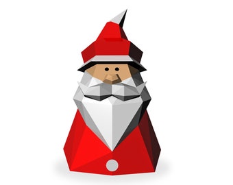 May include: A red and white geometric Santa Claus figure with a white beard and a red hat.