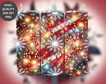 Christmas Tumbler Wrap: Candy Cane, Snowflake Lights 20oz Skinny Tumbler (Seamless PNG Digital Download)