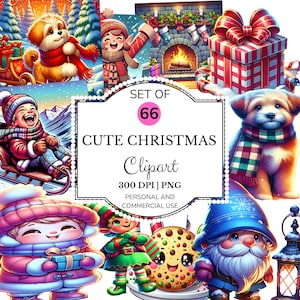Gezellige kerstclipart PNG-bundel: kerstman, elfje, kabouter (digitale download)