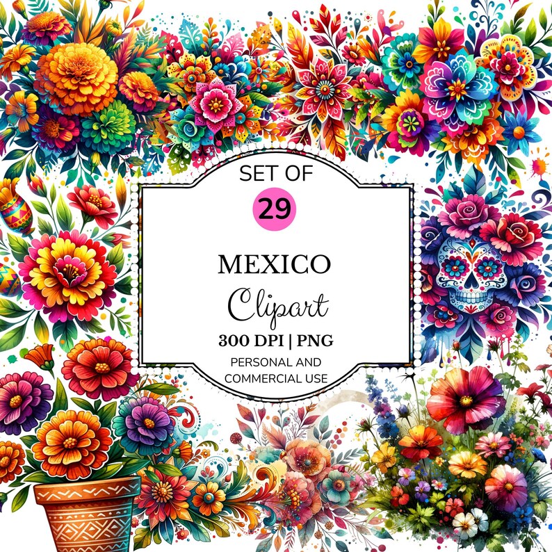 Mexican Fiesta Flowers Clipart: Watercolor PNG Bundle (digital Download ...