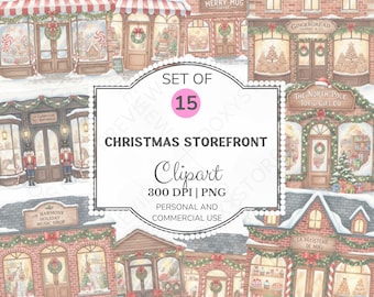 Christmas Storefront Clipart Bundle – 15 Watercolor Holiday Shops PNG (Digital Download)