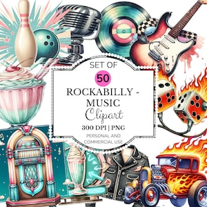 Op de afbeelding: Een digitale kunstset met rockabilly-thema-illustraties. De afbeelding bevat een bowlingpin, microfoon, vinylplaat, gitaar, dobbelstenen, milkshake, jukebox en een hot rod-auto. De tekst op de afbeelding luidt "Set of 50 Rockabilly - Music Clipart".