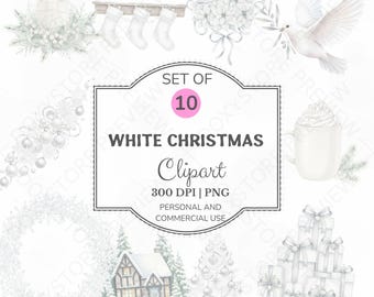 White Christmas Clipart Bundle: Silver Watercolor Holiday PNG (Digital Download)