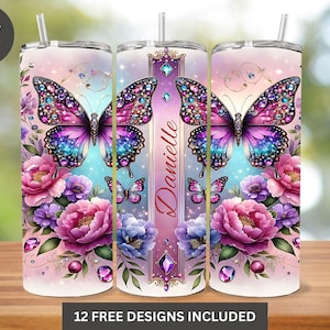 Adesivo per bicchiere termico con farfalla gioiello: design floreale a sublimazione (bicchiere termico sottile da 20 oz PNG) immagine 1