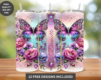 Omslagdoek vlinderbeker met juwelen: bloemensublimatieontwerp (20 oz magere beker, png PNGEgg)