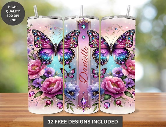 Jeweled Butterfly Tumbler Wrap: Floral Sublimation Design (20oz Skinny Tumbler PNG)
