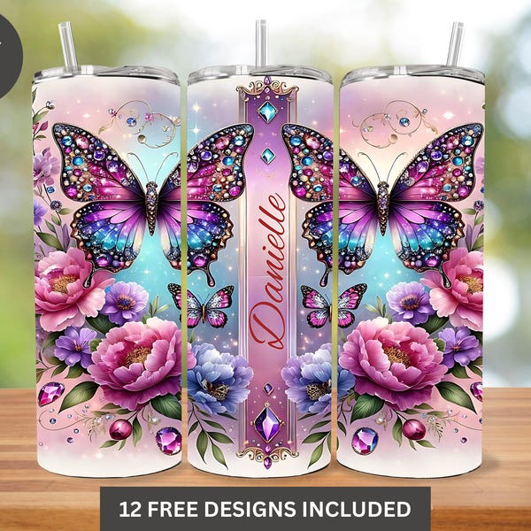 Jeweled Butterfly Tumbler Wrap: Floral Sublimation Design (20oz Skinny Tumbler PNG)