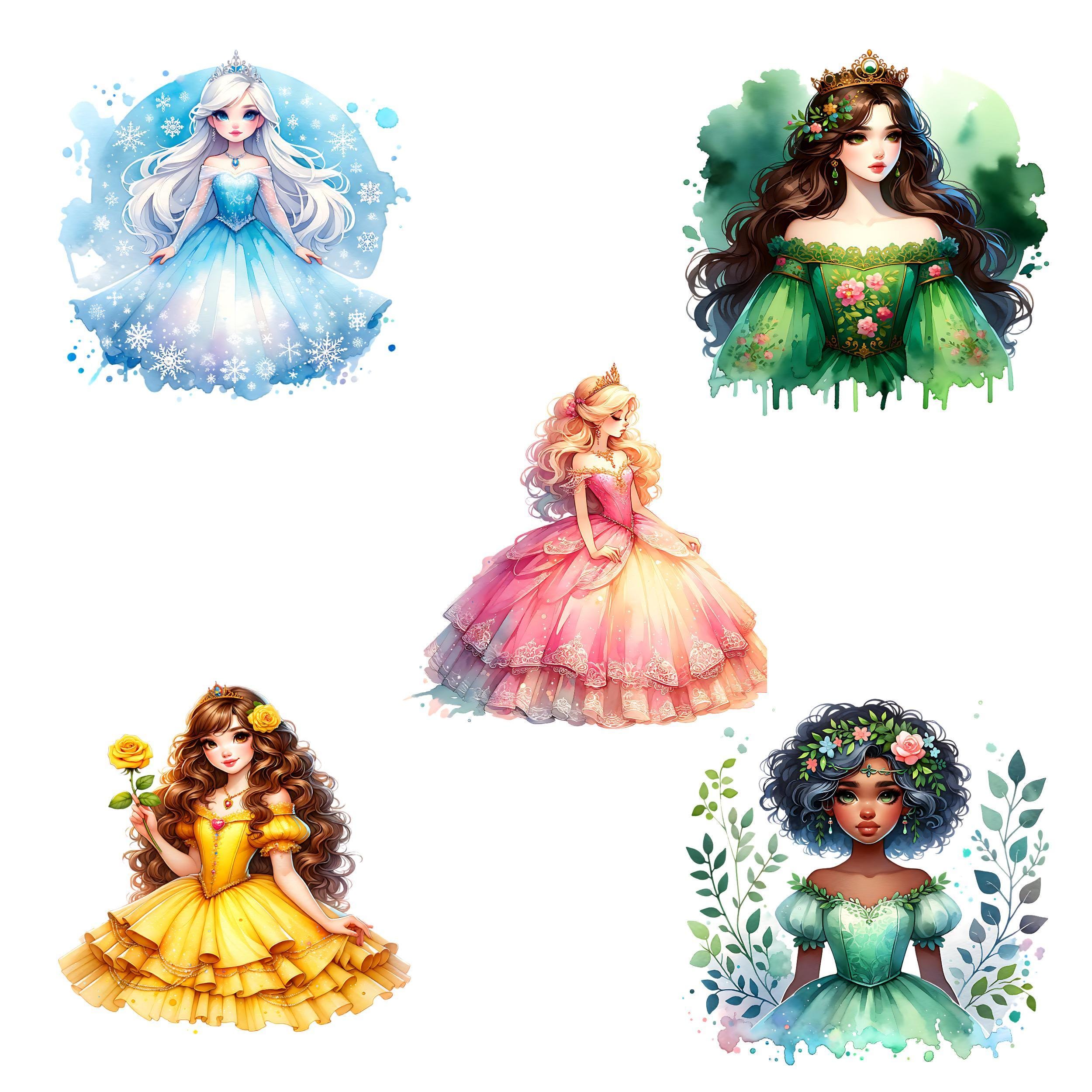 Watercolor Princess PNG Clipart Bundle, Fairytale Glitter Dress ...