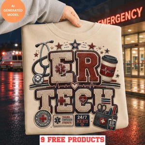 May include: A beige sweatshirt featuring a graphic design with the text ER TECH. The design includes a stethoscope, a coffee cup with a heart rhythm line, stars, a medical cross, and a pocket containing pens. It also displays the text 24/7 HERO.