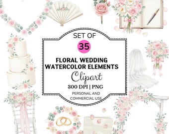 Bloemenbruiloft aquarel elementen clipartbundel, 35 romantische png