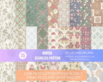 Christmas Digital Paper Pack: Holly, Poinsettia, Evergreen (Seamless Patterns - 300 DPI)