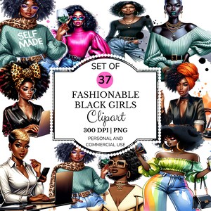 Bundle de cliparts PNG femme noire à la mode, élégant Self Made femme Clipart, téléchargement numérique afrocentrique, fille noire glamour Art PNG