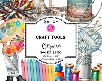 Clipartbundel aquarel Craft Tools: naaien, garen, verf (digitale png-download)