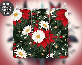 Christmas Tumbler Wrap PNG: Festive Floral 20oz Skinny Sublimation Design