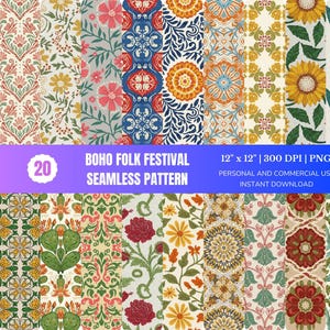 May include: A collection of 20 seamless patterns with a boho folk festival theme. The patterns feature floral, paisley, and geometric designs in various colors. The image includes the text "BOHO FOLK FESTIVAL SEAMLESS PATTERN" and "12" x 12" | 300 DPI | PNG".
