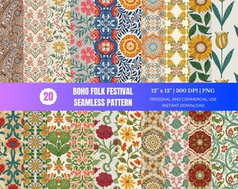 Boho bloemen digitaal papierpakket: naadloze volkskunstpatronen (digitale download)