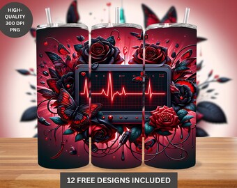 Gothic EKG Rose Tumbler Wrap: Butterfly Heartbeat 20oz Skinny Tumbler PNG (Digital Download