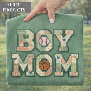 Patchwork Sports Boy Mom PNG, Chenille Varsity Letter Design (Digital Download)