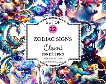 Celestial Zodiac Clipart Bundle: Mystical Astrology PNGs (Digital Download)