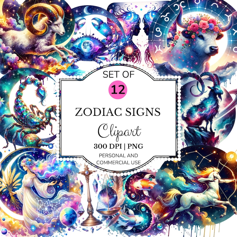 Celestial Zodiac Clipart Bundle: Mystical Astrology PNGs (Digital Download) image 1