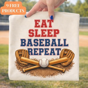 May include: Cream-colored baseball-themed tote bag with the words "EAT SLEEP BASEBALL REPEAT" in red and blue. The design includes crossed baseball bats, a baseball, and two gloves. The bag also has a small orange square with the text "9 FREE PRODUCTS".