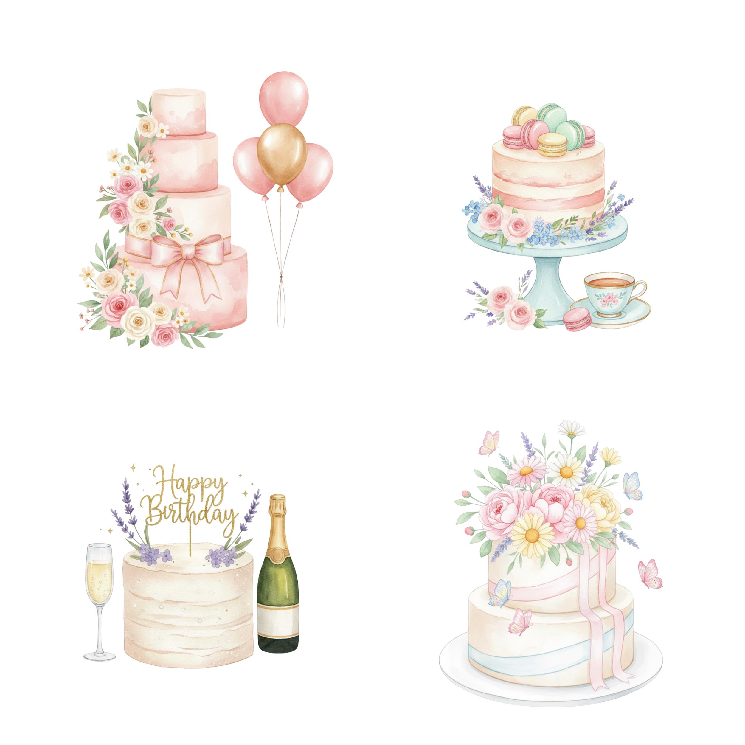 Watercolor Birthday Cake Clipart Set, Whimsical Floral Party Pngs ...