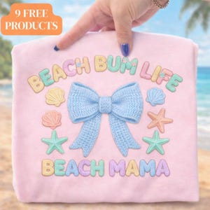 Camiseta "Beach Mama" em PNG, estampa "Beach Bum Life" em chenille (Download Digital)