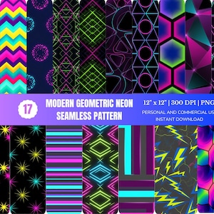 May include: A collection of 17 modern geometric neon seamless patterns. Each pattern is 12" x 12" and features vibrant designs in various colors, including pink, green, blue, and yellow. The patterns are suitable for personal and commercial use.