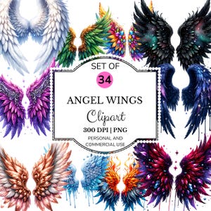 Angel Wings Clipart PNG Bundle, Fantasy Feathered Wings Sublimation, Rainbow Galaxy Wings, Watercolor Angel Wings PNG