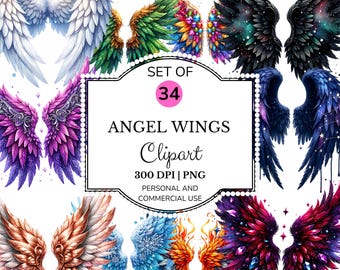 Angel Wings Clipart PNG Bundle, Fantasy Feathered Wings Sublimation, Rainbow Galaxy Wings, Watercolor Angel Wings PNG