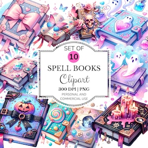 ブッククリップアートバンドルセット、パステルカラーの魔術デザイン、魔法書の水彩クリップアート、気まぐれなハロウィーンのイラスト、PNGデジタルダウンロード