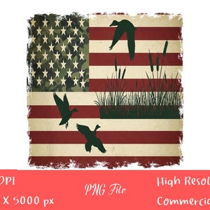 Duck Hunting American Flag PNG, Camo Waterfowl Shirt Design, Rustic Outdoors Marsh Life PNG, Duck Silhouette PNG
